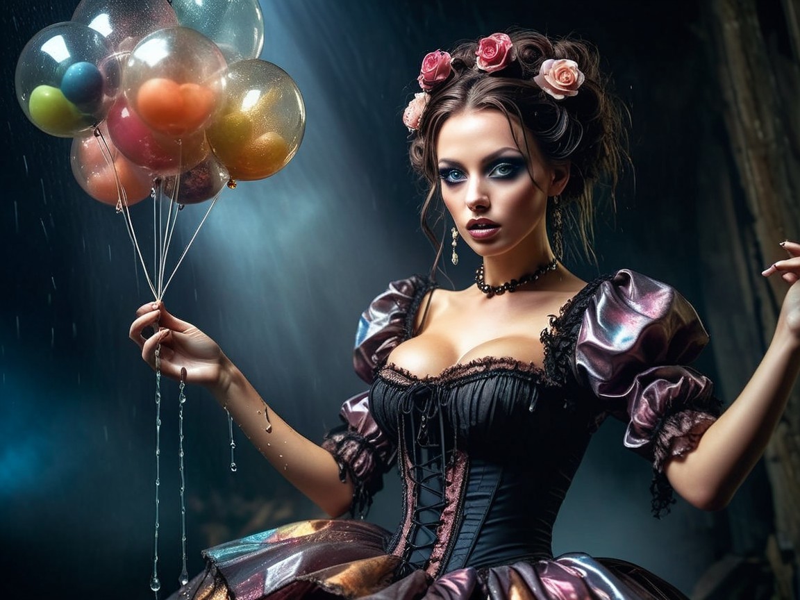 Young woman in vintage gown with balloons in dim light