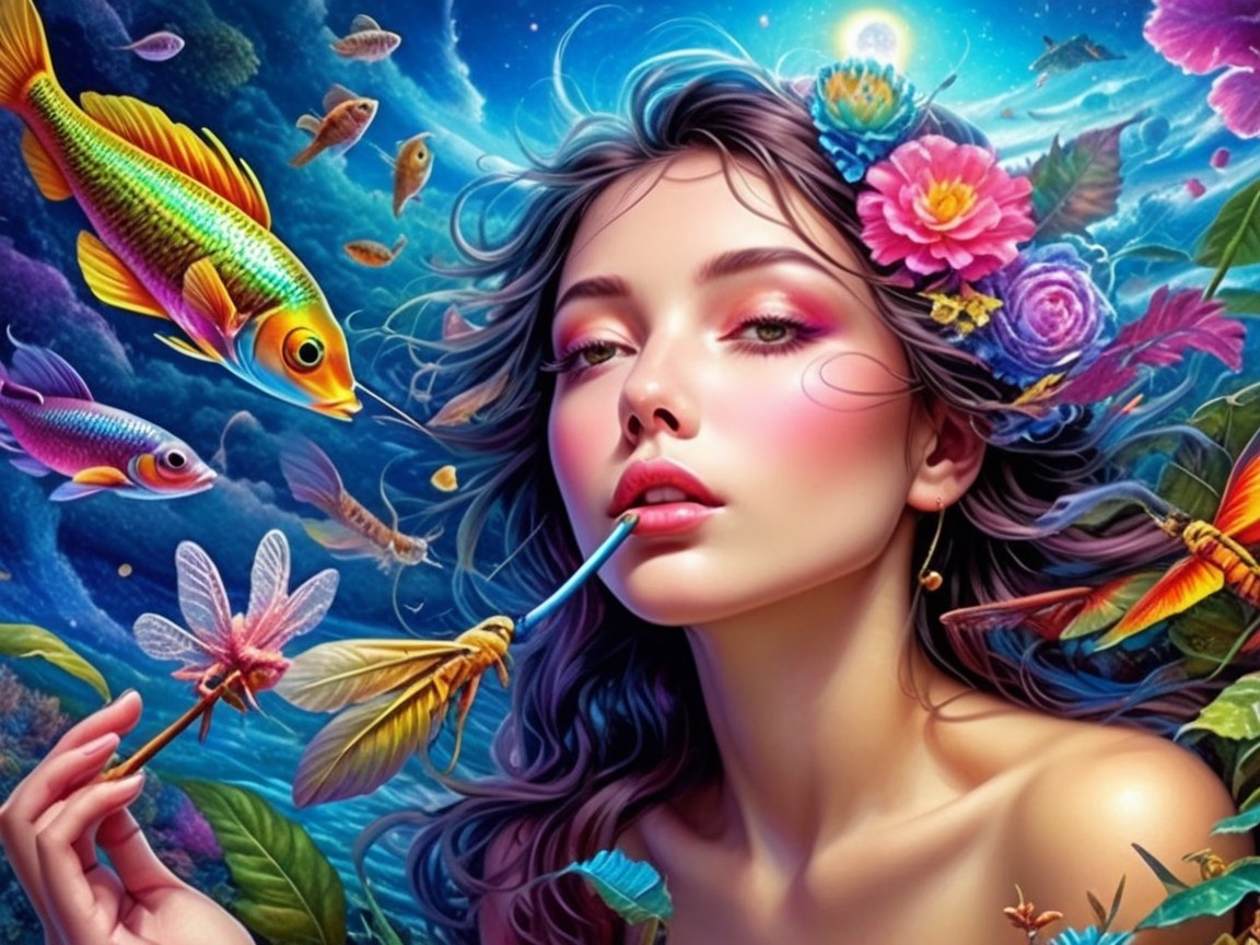 Vibrant Fantasy Scene with Young Woman in Underwater World