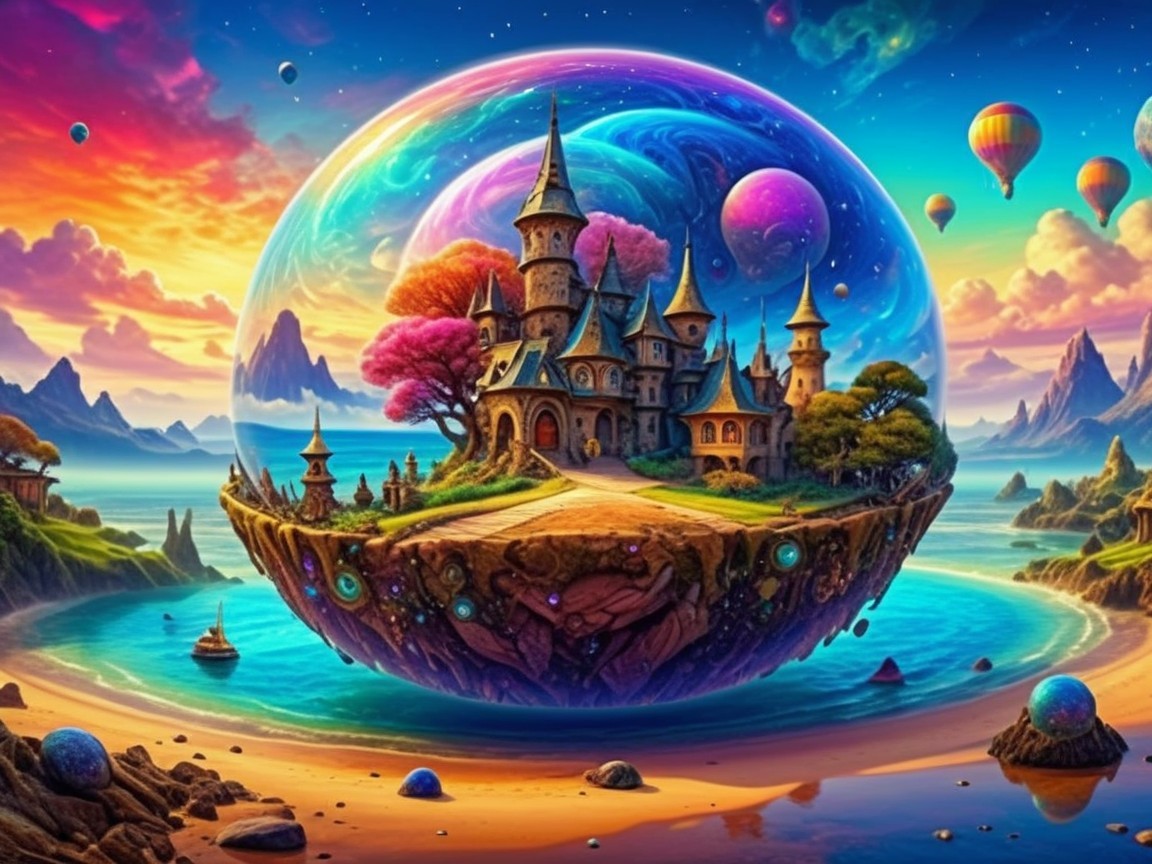 Floating Island with Enchanted Castle and Balloons