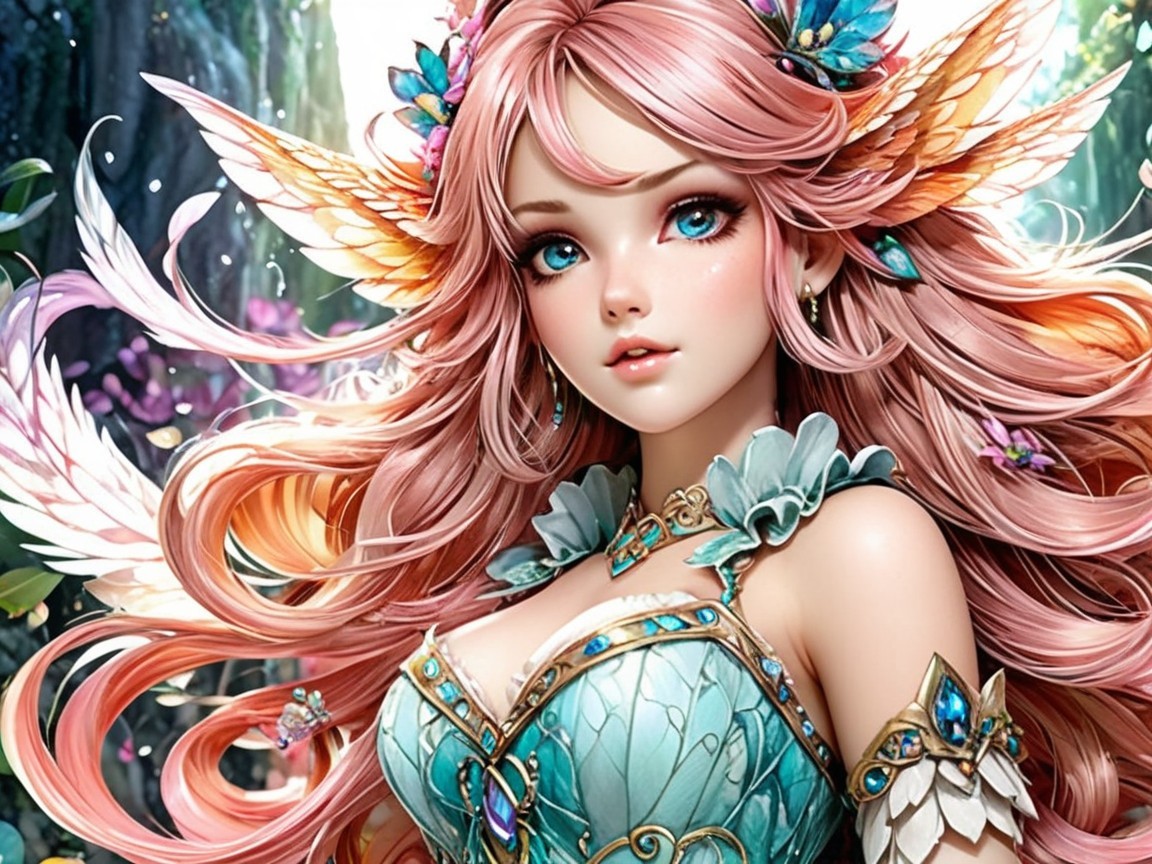 Fantasy Character with Pink Hair and Golden Wings