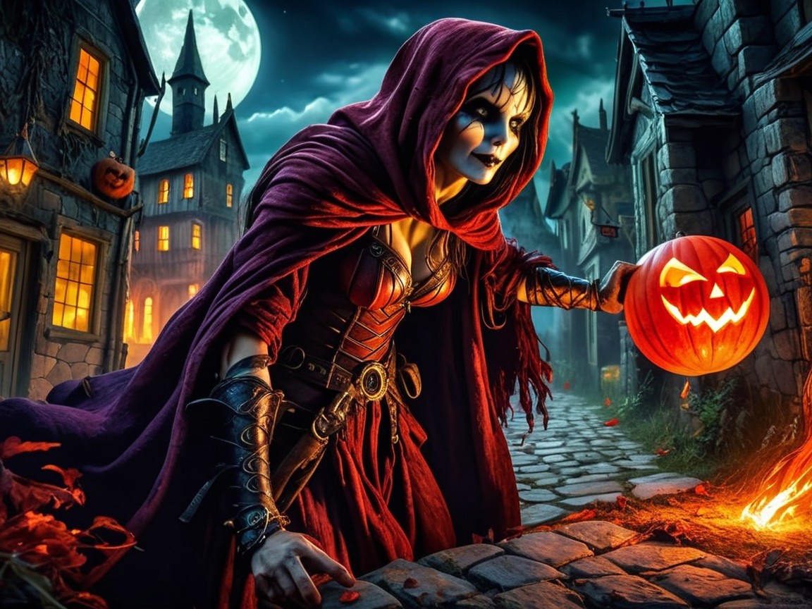Mysterious Figure in Red Cloak on Cobblestone Street