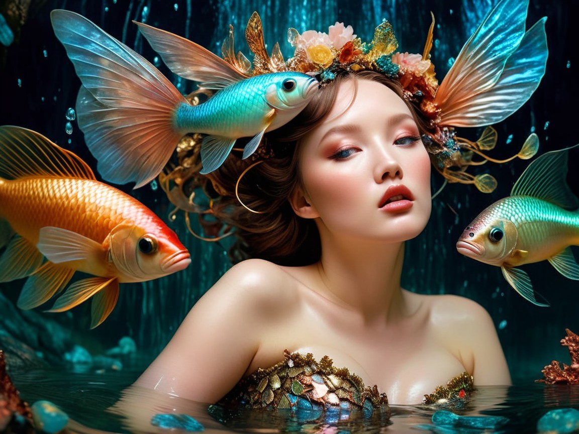 Underwater Scene of a Mystical Mermaid with Goldfish