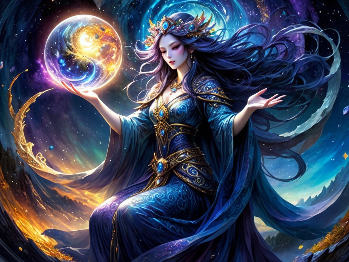 Majestic figure in royal blue gown against cosmic backdrop