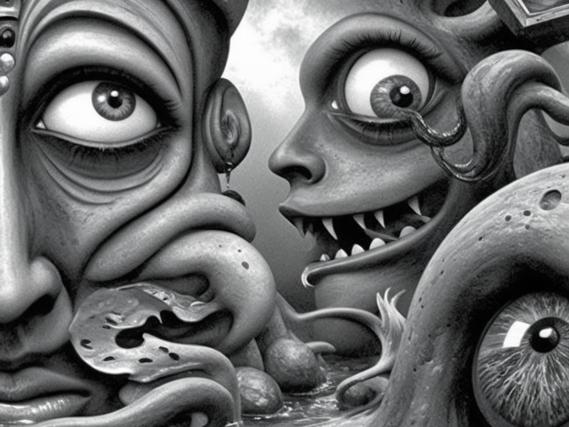 Surreal Monochromatic Landscape with Distorted Faces