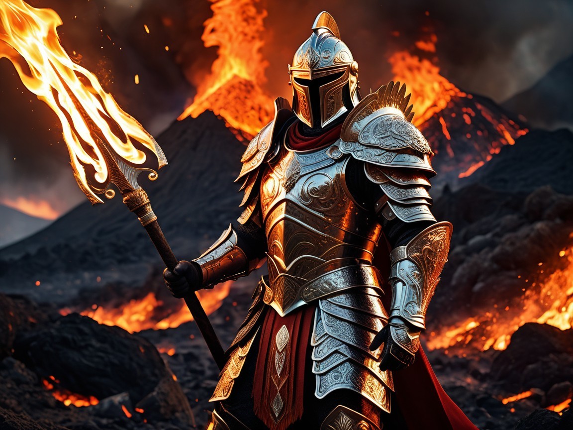 Knight in Silver Armor in Fiery Volcano Landscape