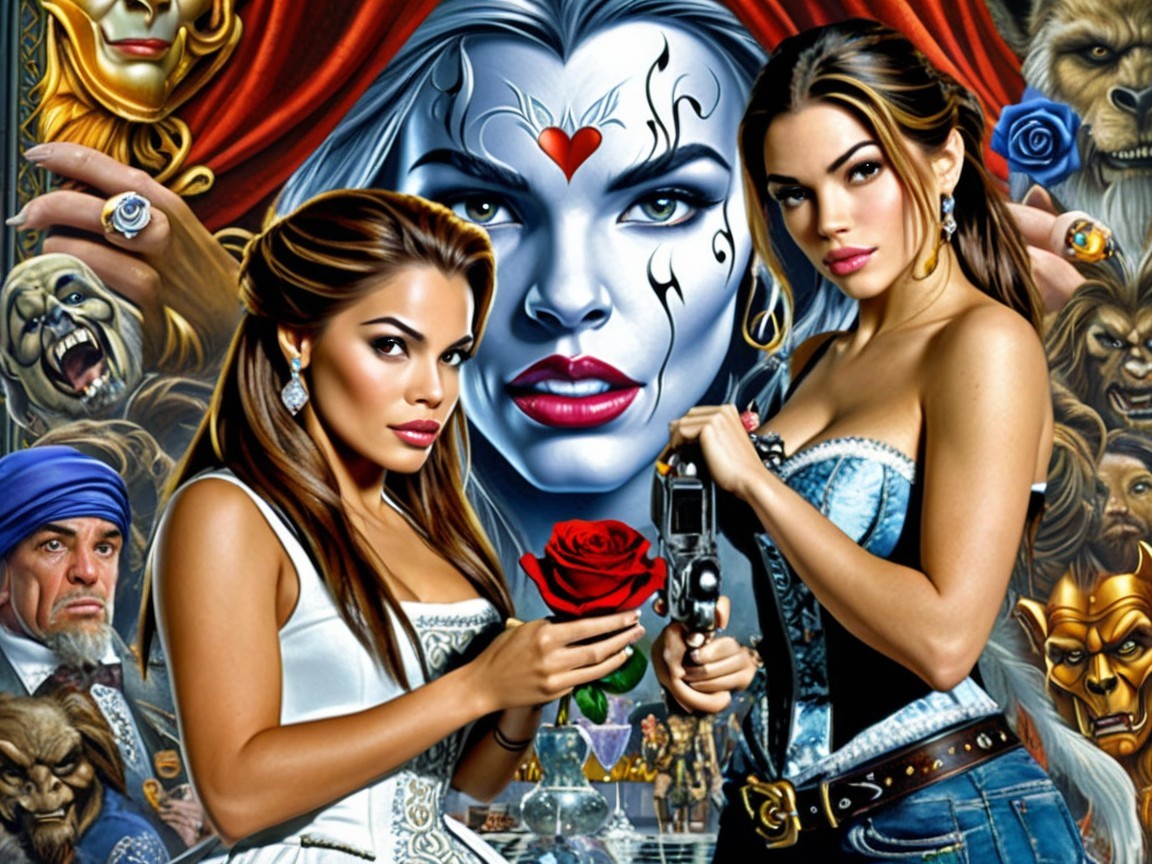 Women with Roses and Guns in Surreal Backdrop