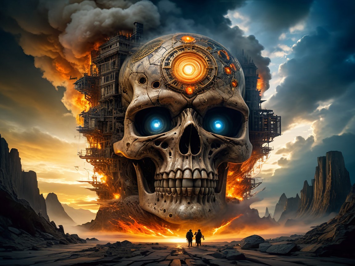 Colossal Skull with Glowing Eyes in Fiery Landscape