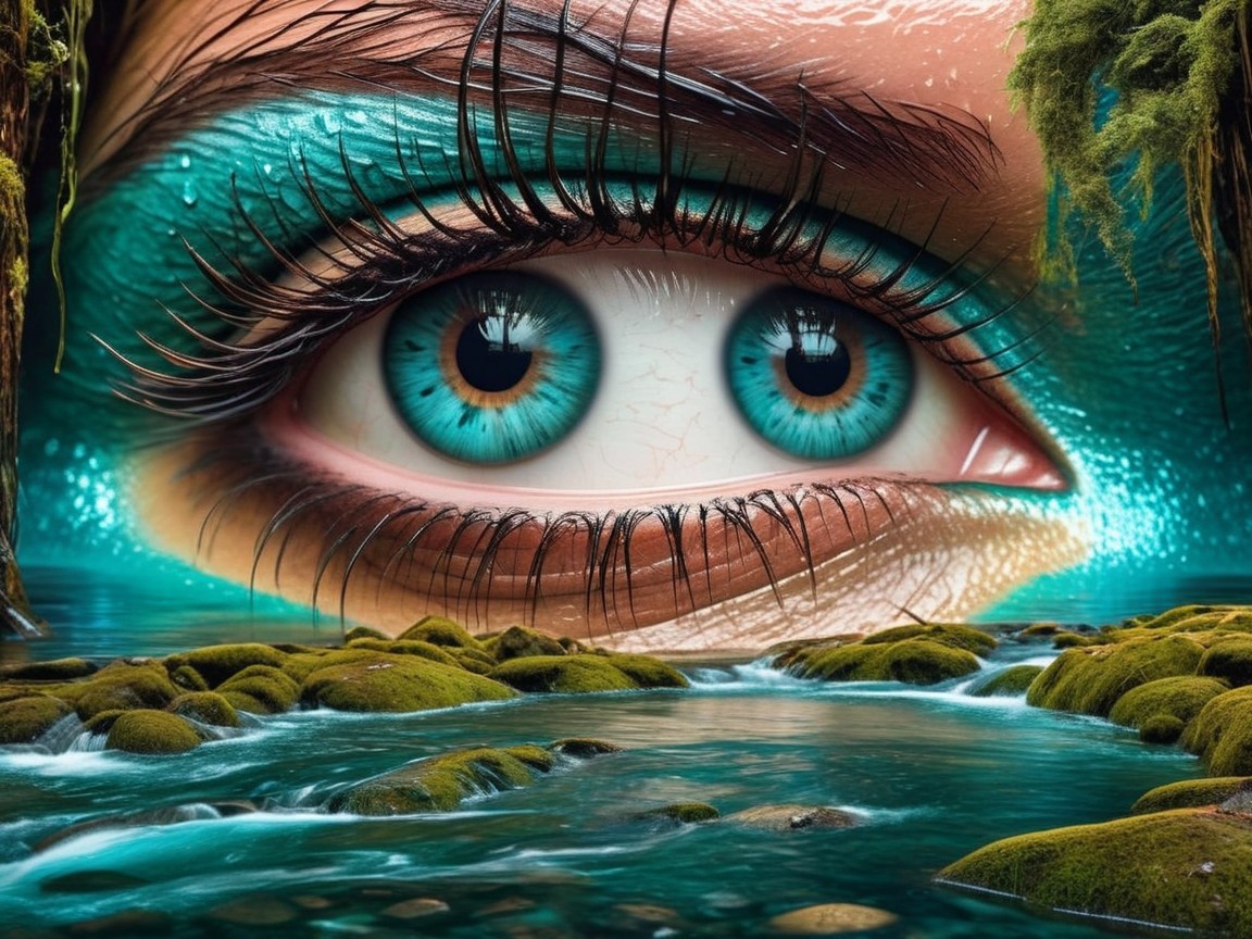 Vibrant Turquoise Eye Against Lush Greenery and Stream