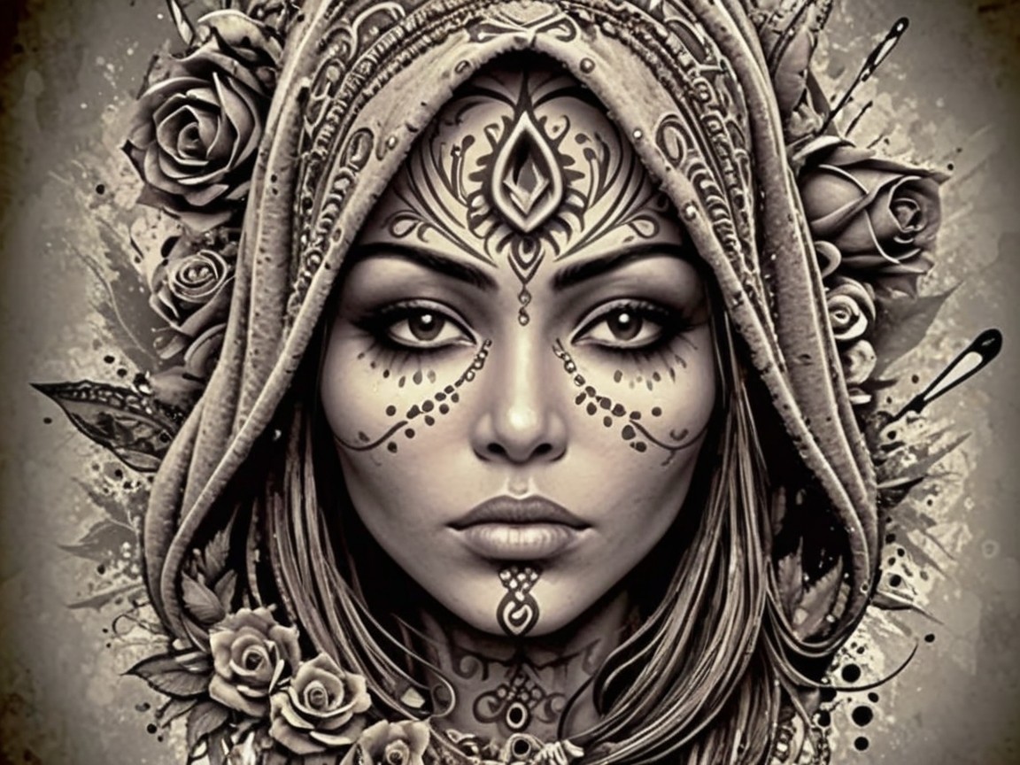 Portrait of a woman with face paint and roses