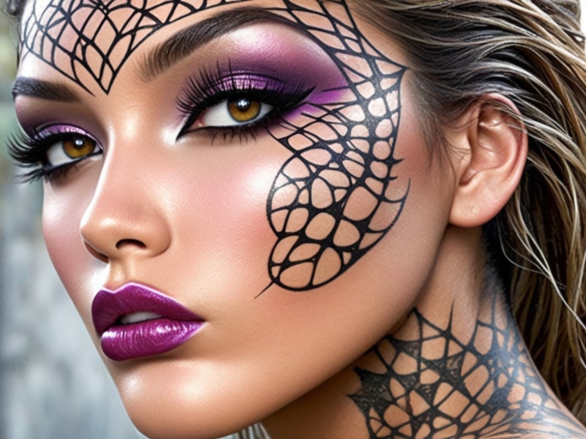 Close-up of Model with Vibrant Makeup and Spiderweb Art