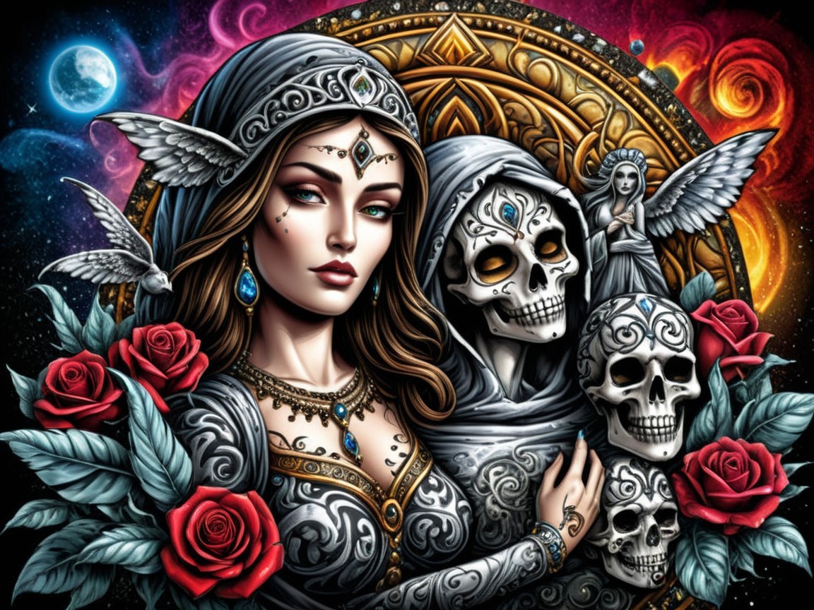 Striking Woman in Ornate Attire with Skulls and Roses