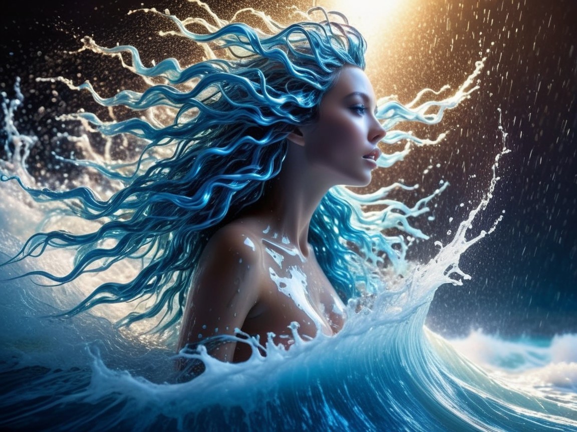 Surreal Scene of Woman in Turbulent Ocean Waves