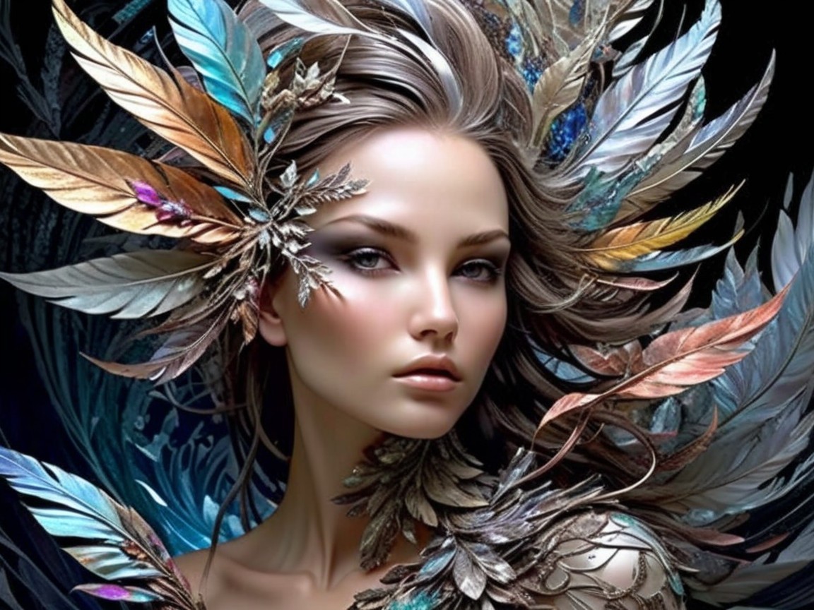 Woman with Metallic Leaves and Feathers in Ethereal Scene