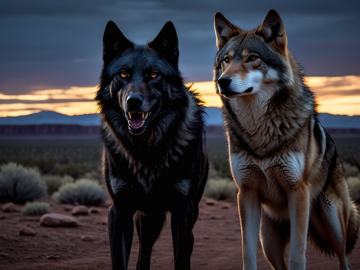 Wolves in Rugged Landscape at Dusk with Sunset Glow