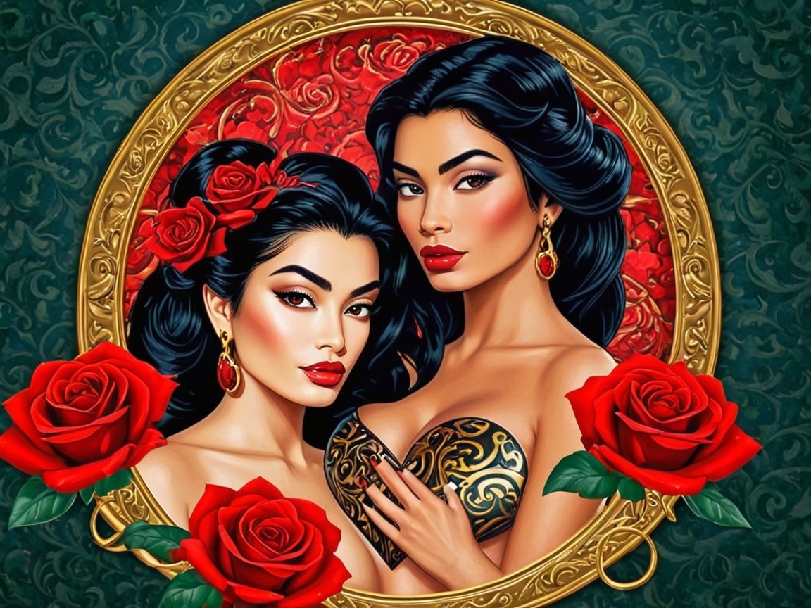 Stylized Women with Dark Hair in Ornate Background