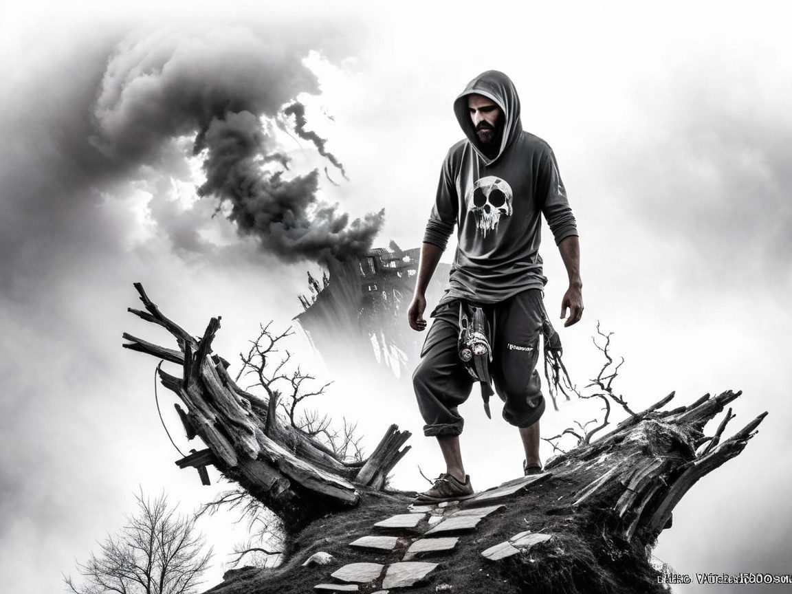 Lone Figure in Hooded Sweatshirt on Barren Landscape