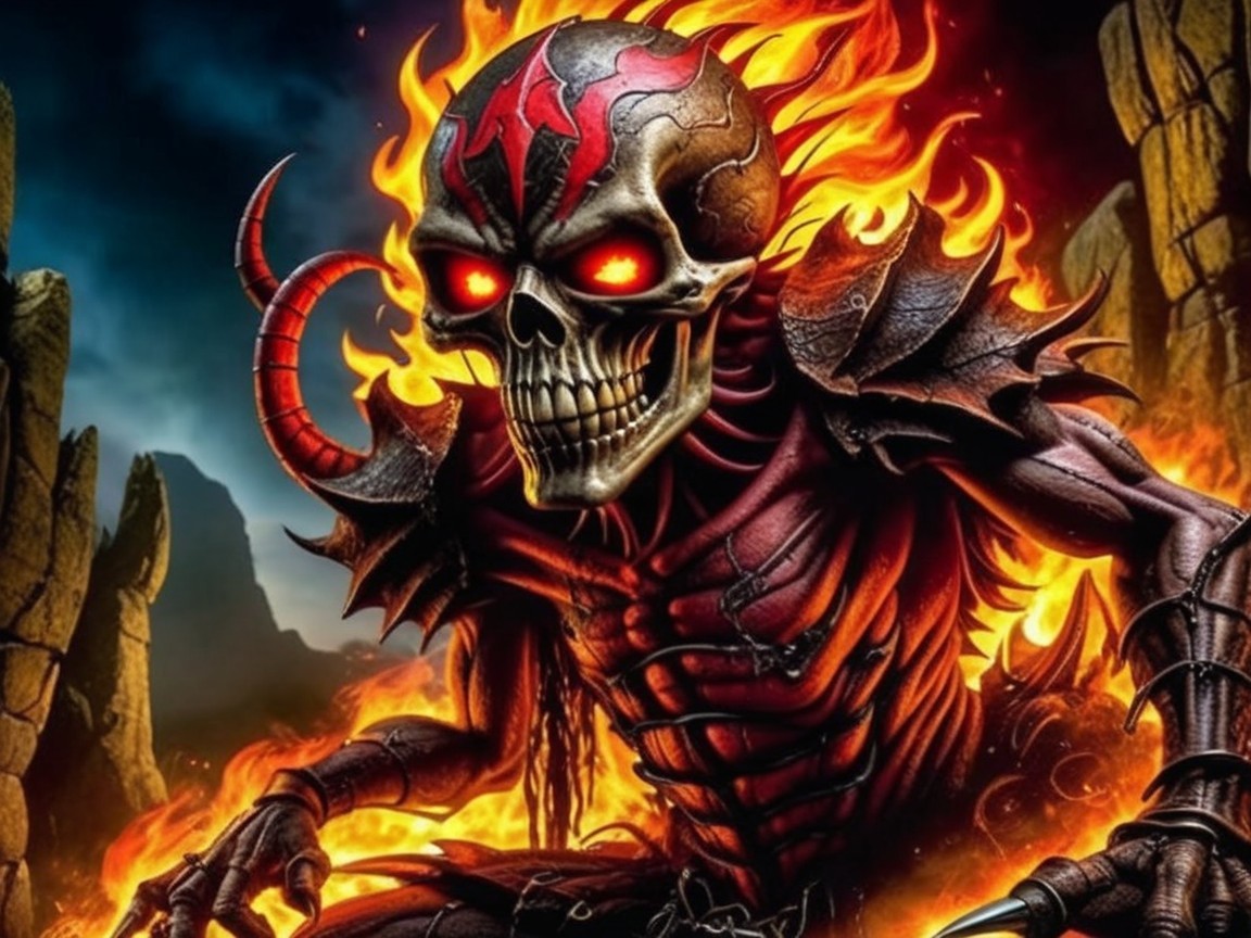 Menacing skeleton in flames with glowing red eyes