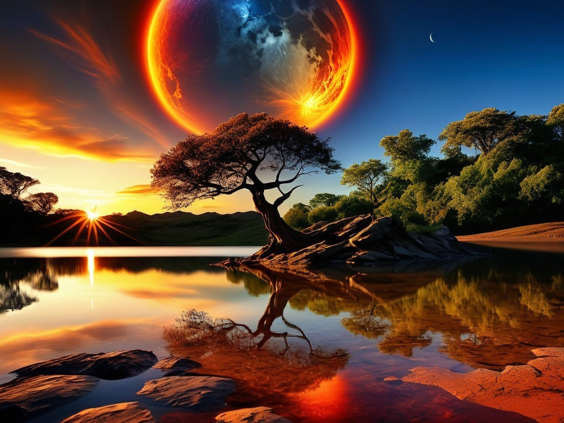 Surreal Landscape with Lake and Vibrant Sunset