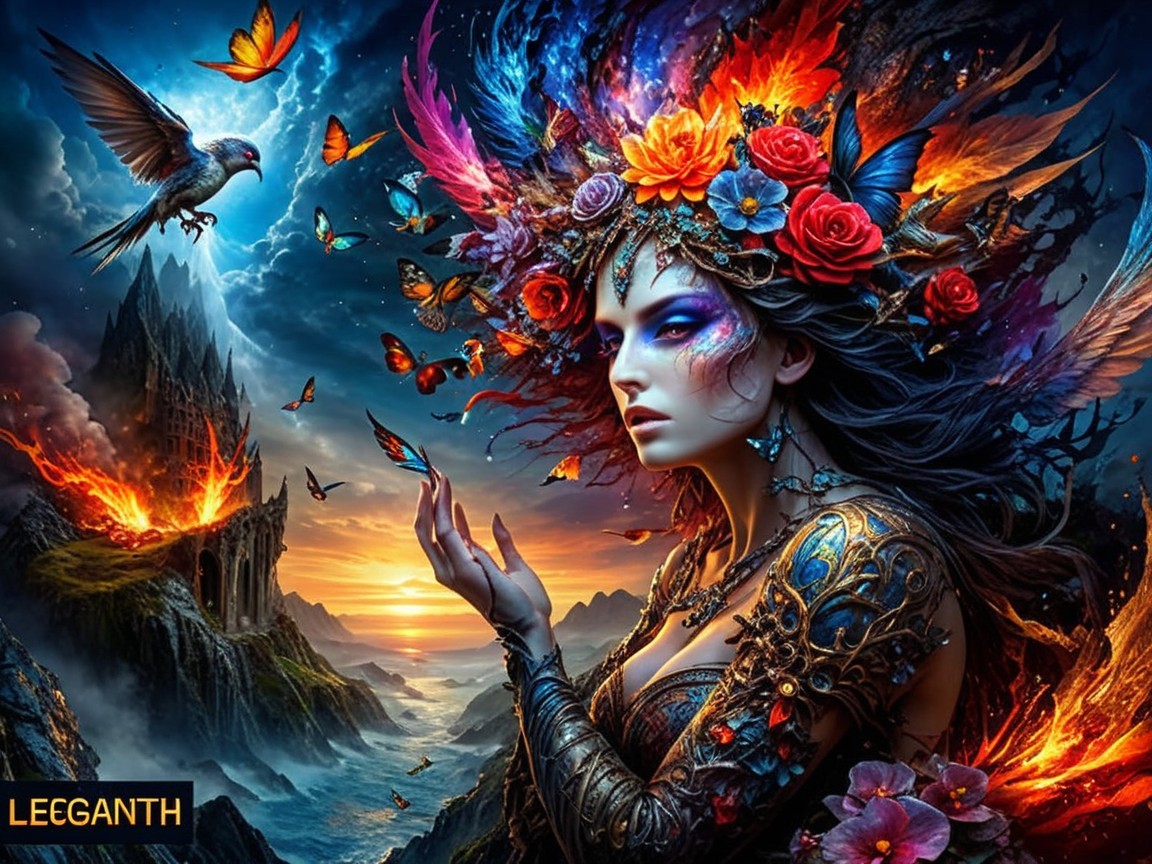 Fantasy Scene of a Mystical Woman in a Fiery Landscape