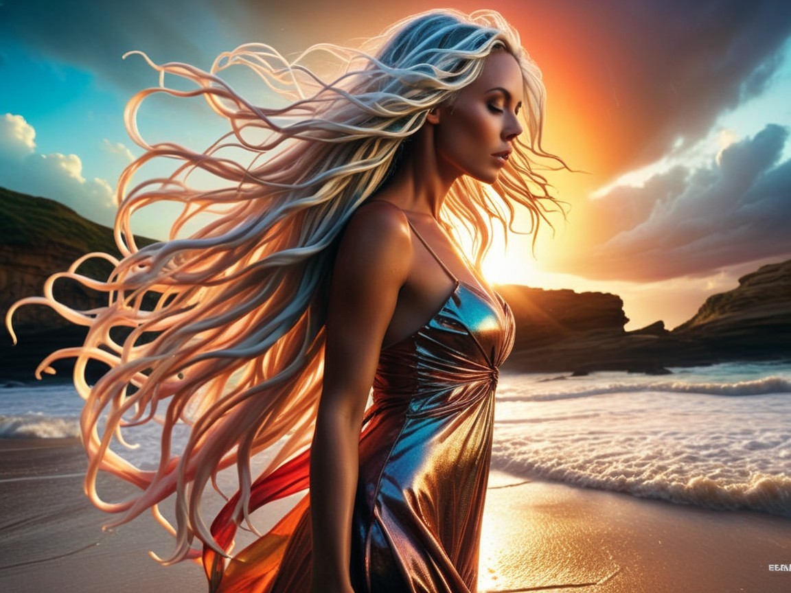 Woman in Silver Dress on Beach at Sunset