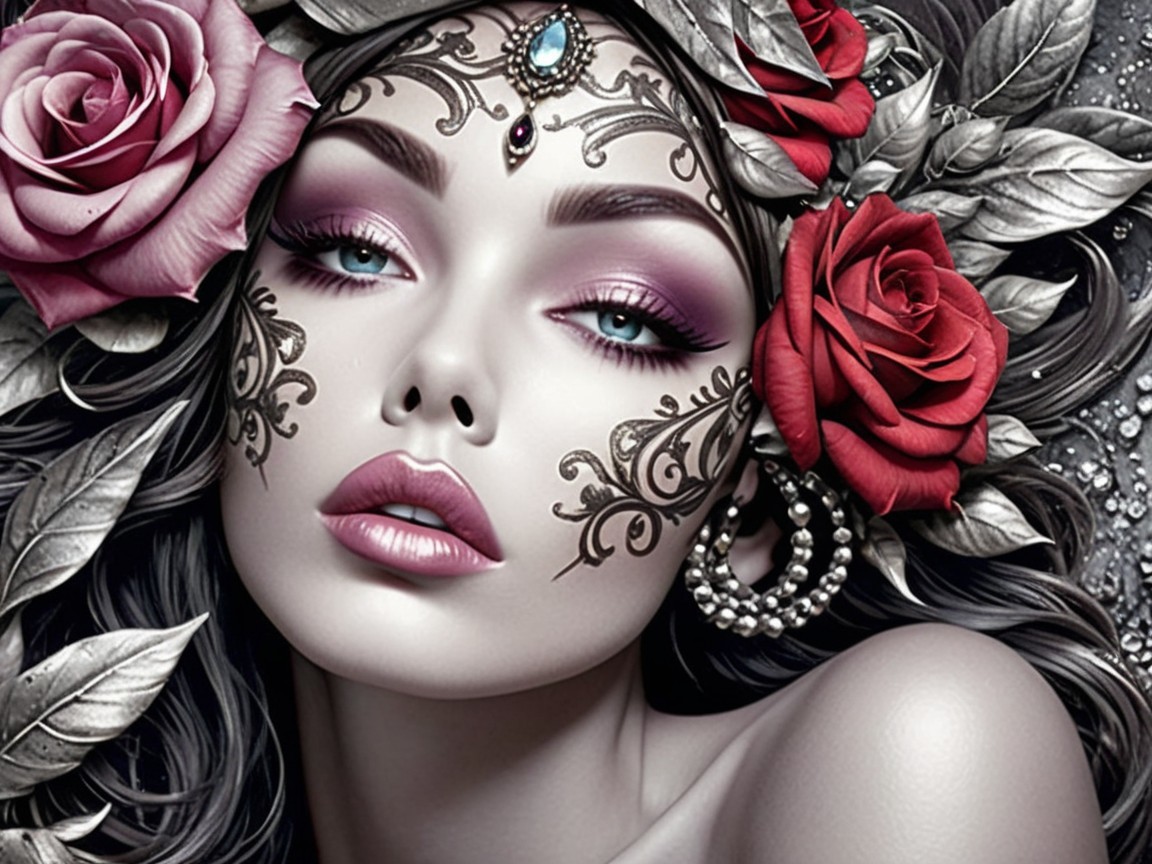Portrait of a Woman with Floral Designs and Colors