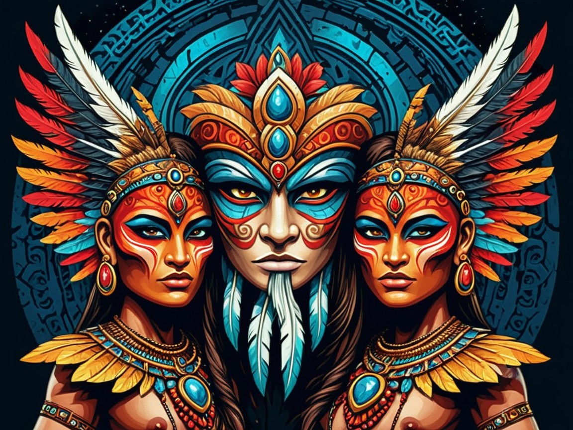Artwork of Three Figures with Feathers and Face Paint