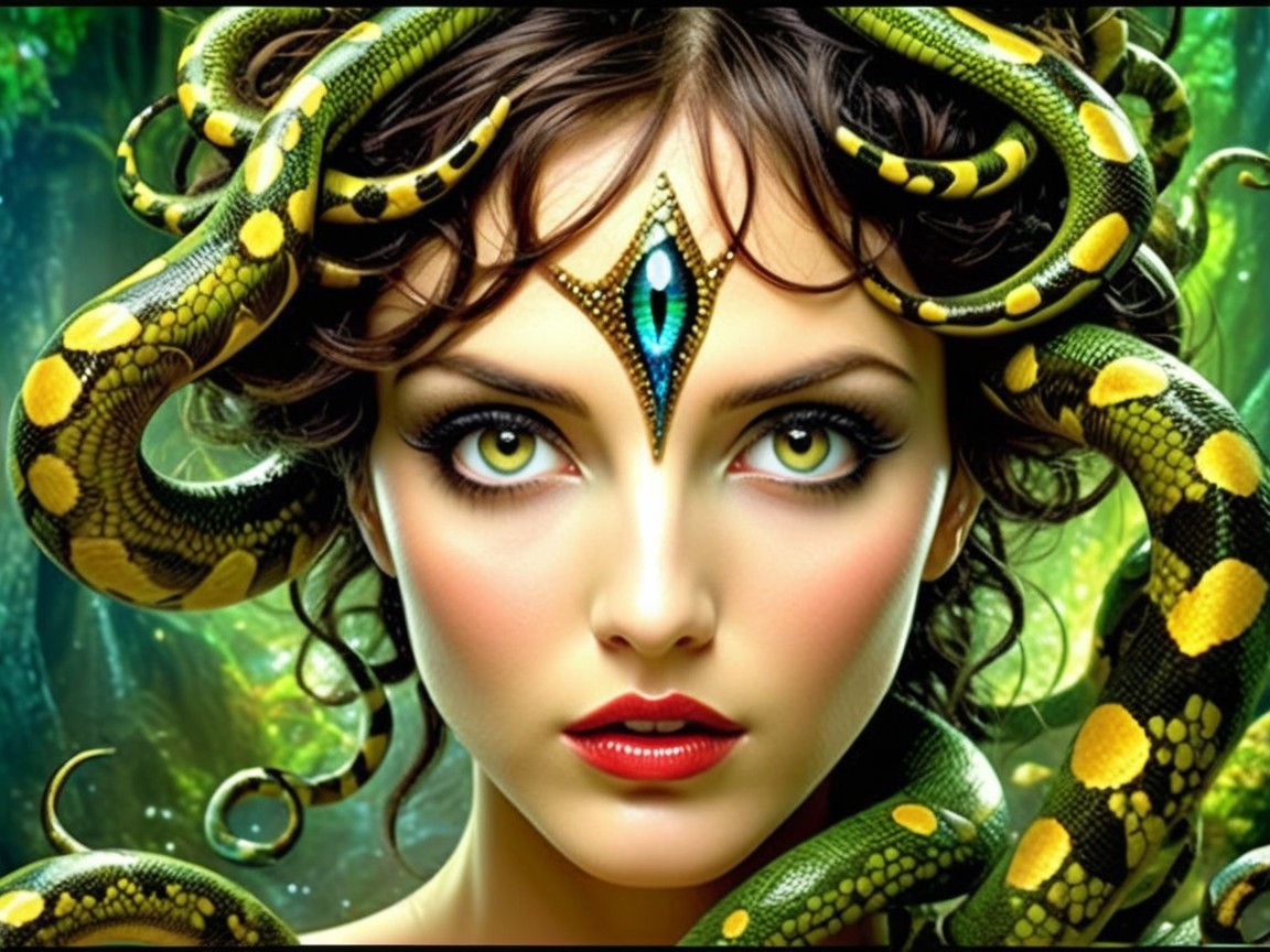 Enchanting figure with green eyes in jungle setting