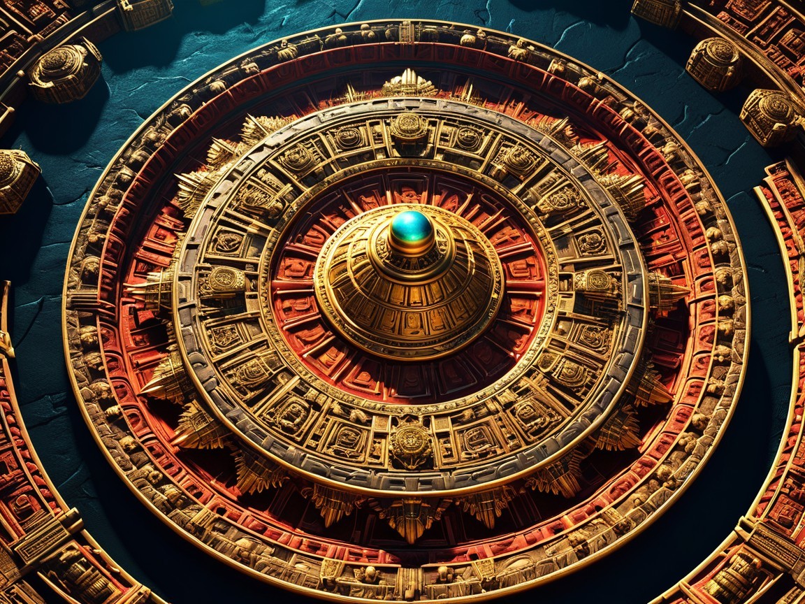 Intricate Circular Structure with Gold and Red Elements