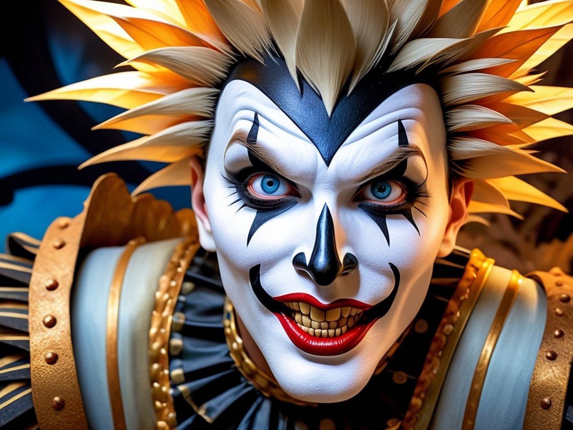 Clown-like Character with Bold Makeup and Spiky Hair