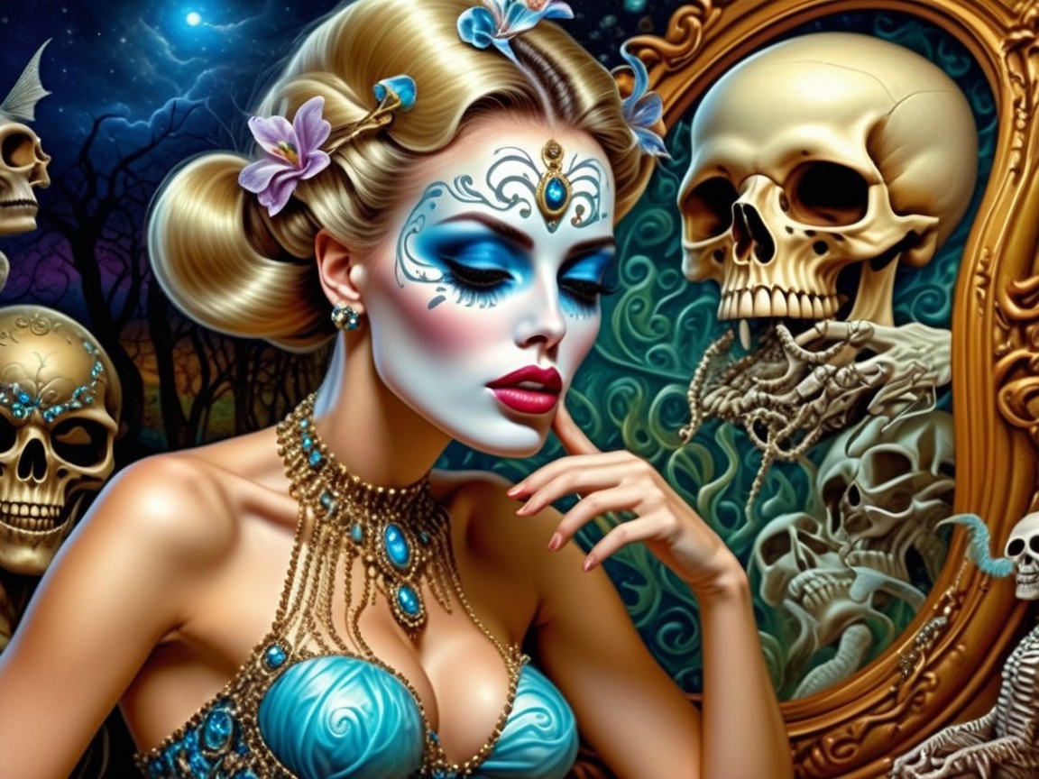Glamorous Woman with Blue Face Paint and Eerie Backdrop