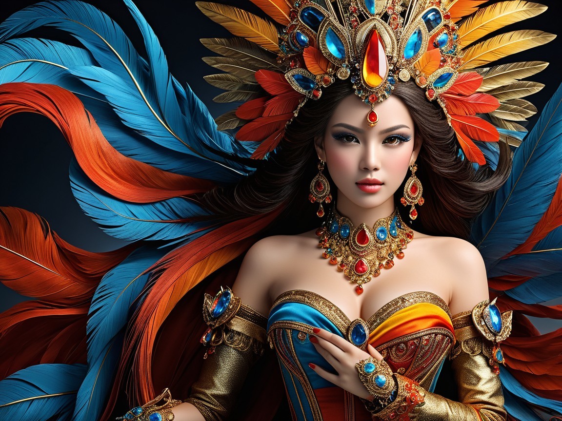 Vibrant Figure in Ornate Feathered Attire and Jewels
