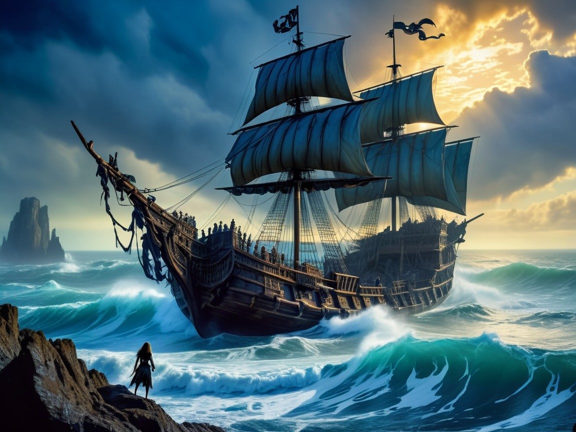 Majestic Pirate Ship Navigating Turbulent Seas
