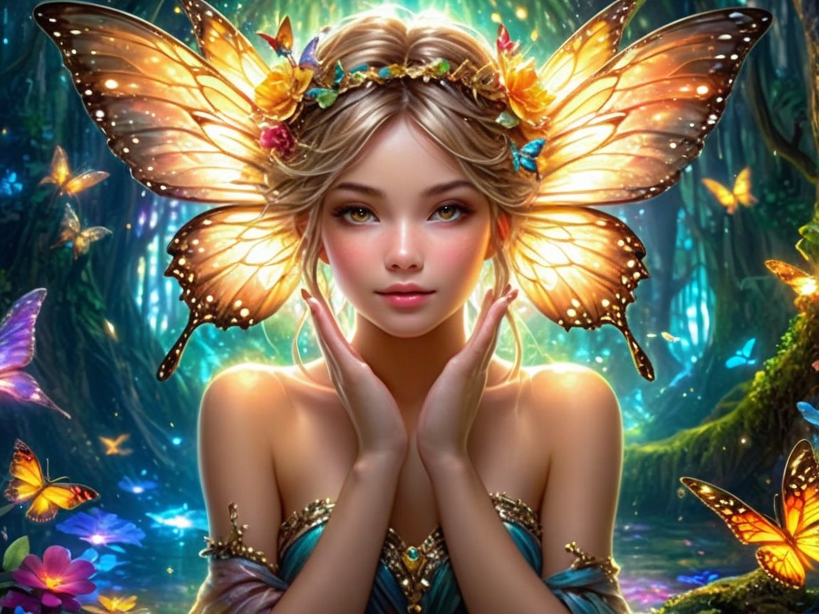 Whimsical Scene of Woman with Colorful Butterfly Wings