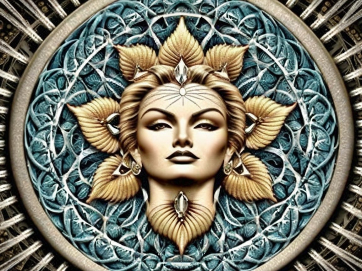 Stylized Woman's Face with Nature Motifs and Patterns