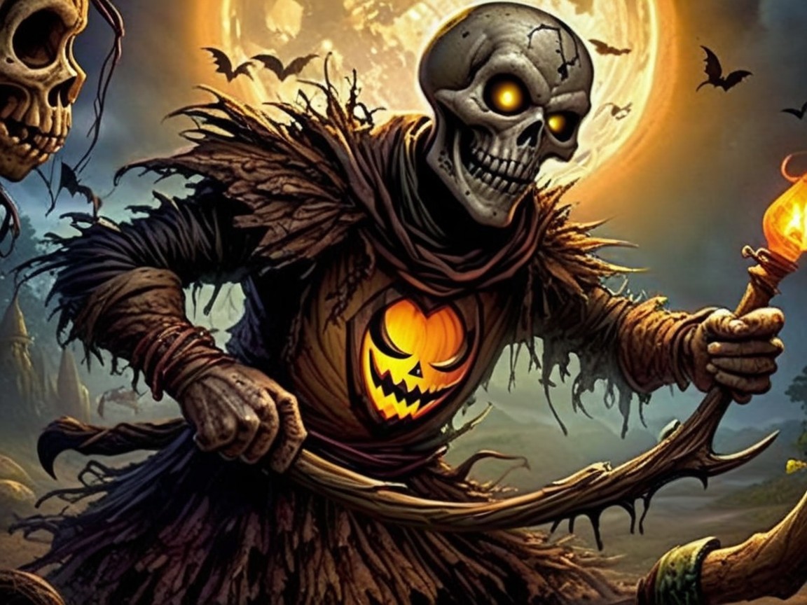 Skeletal Figure with Scythe in Spooky Landscape