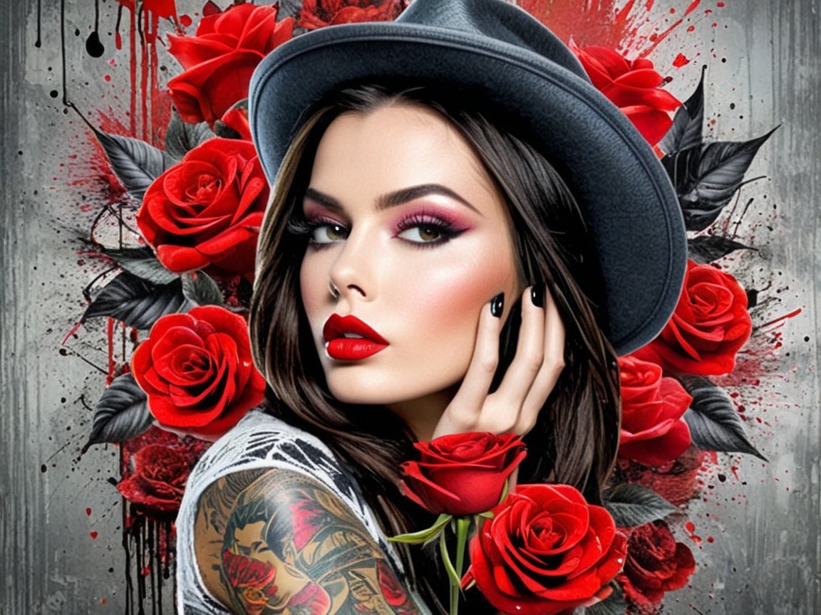 Portrait of a Woman with Bold Makeup and Roses