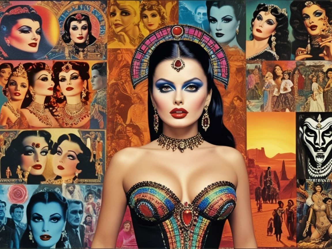 Glamorous Figure in Colorful Outfit with Vintage Collage