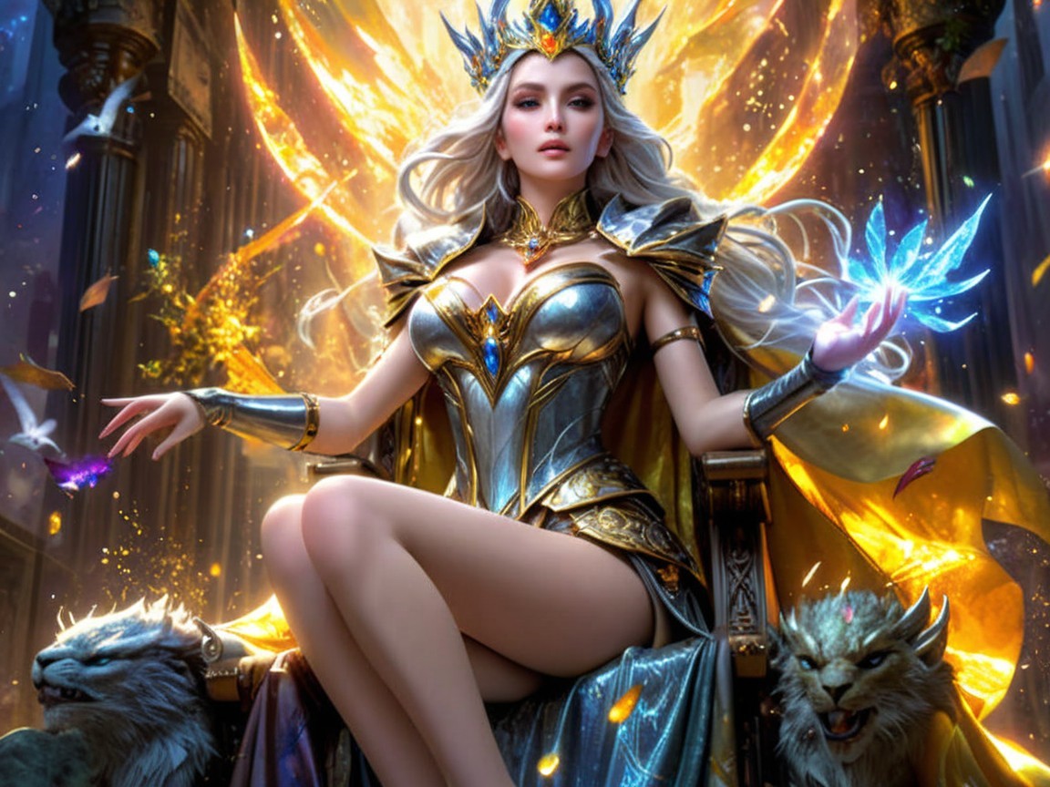 Majestic queen on a throne with glowing crystal