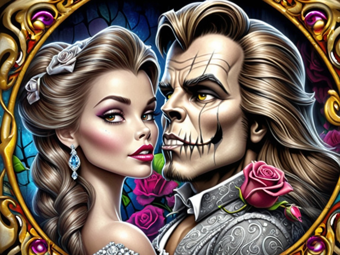 Stylized Couple Surrounded by Roses and Ornaments
