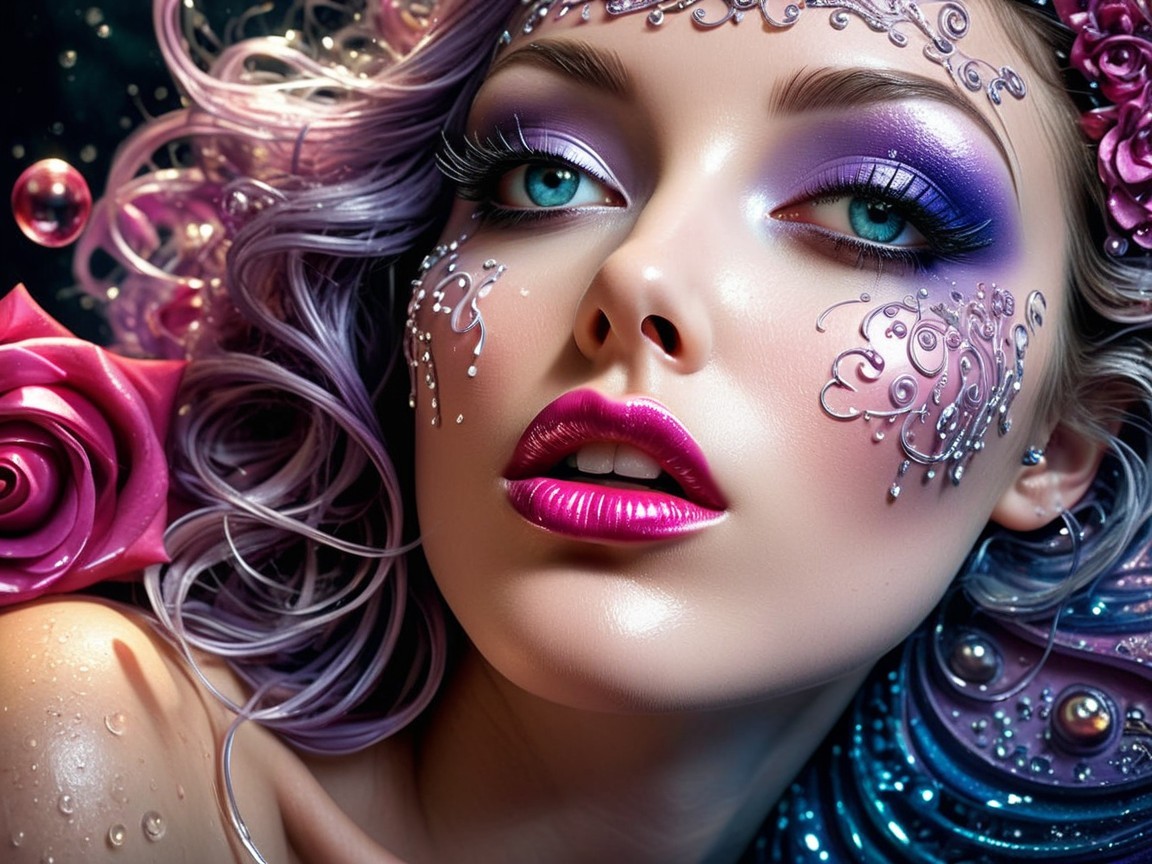 Artistic Portrait of Woman with Purple Hair and Roses