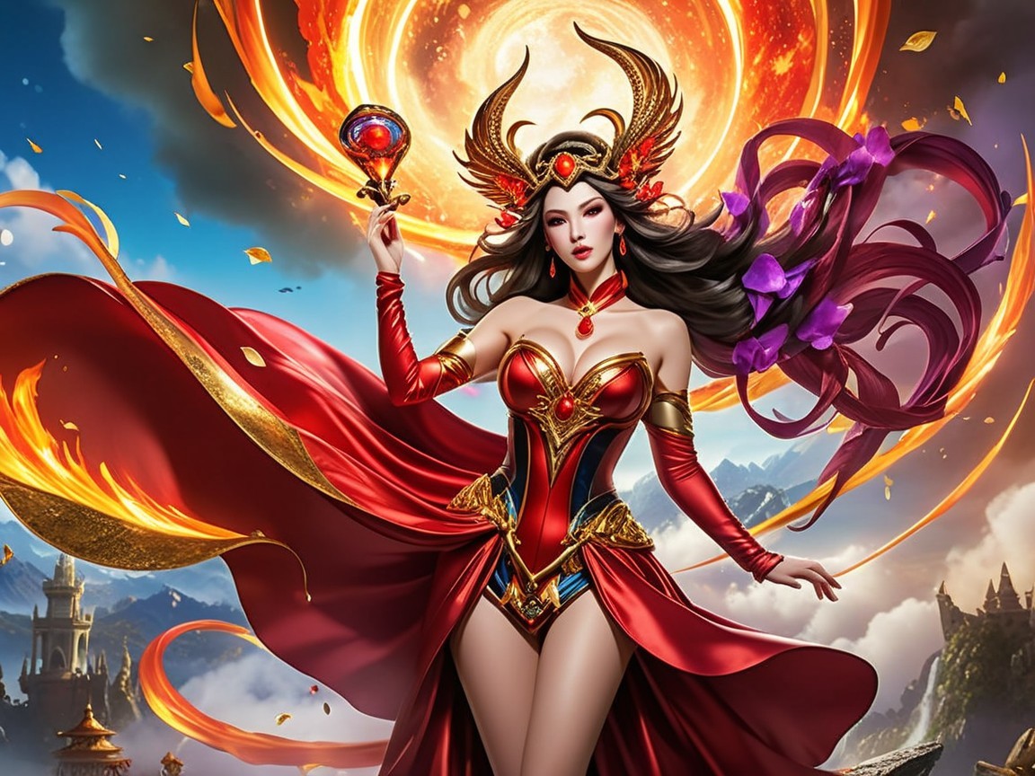 Fantasy Character in Red Gown with Golden Accents
