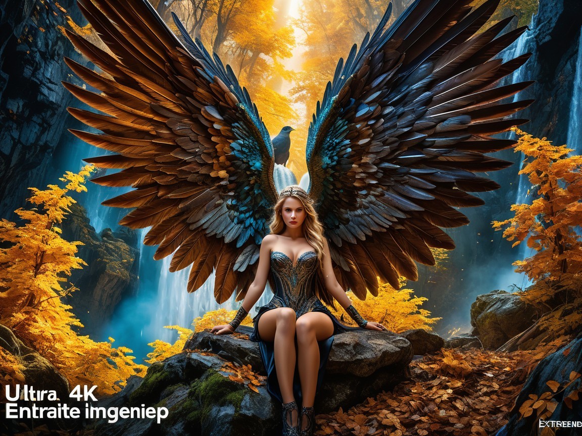 Majestic Winged Figure in Autumn Landscape