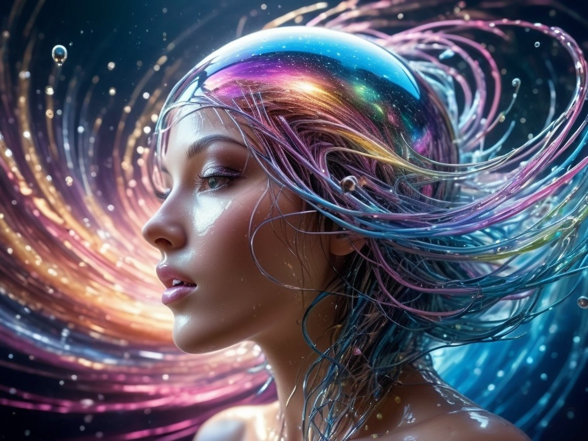 Futuristic Portrait of a Young Woman with Iridescent Hair