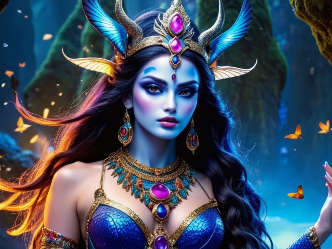 Fantasy Figure in Enchanting Forest with Blue Skin