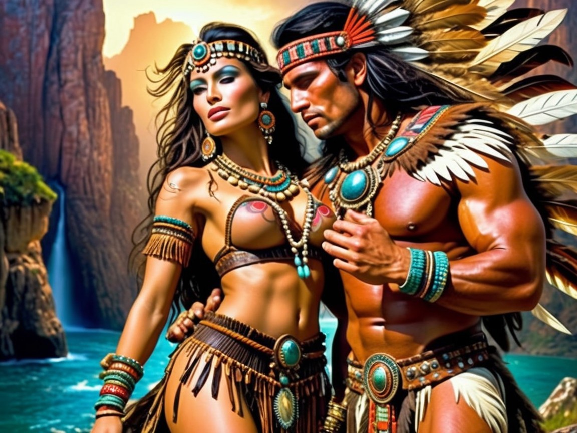 Striking Couple in Tribal Attire Against Scenic Backdrop
