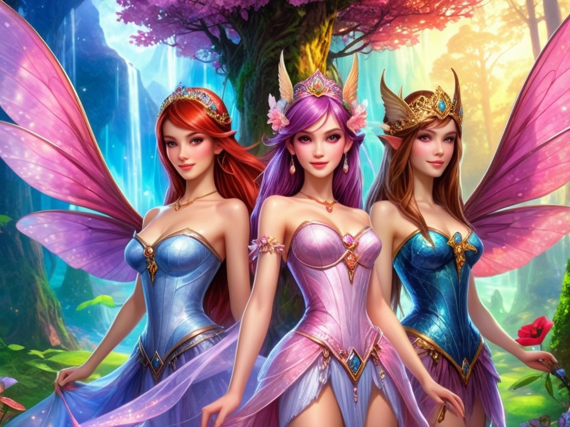 Three Fairies in a Vibrant Enchanted Forest