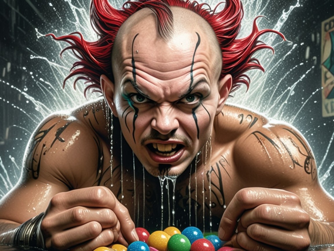 Muscular Clown Surrounded by Colorful Gumballs