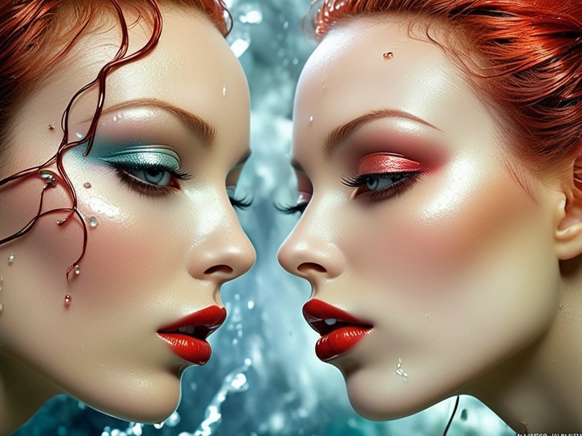 Identical women with red hair and colorful eyeshadow