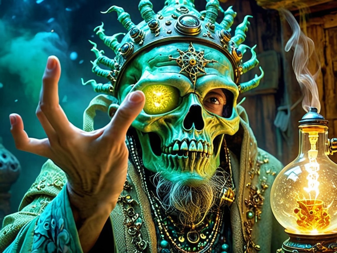 Mystical Figure in Jewel Robe with Glowing Skull Face