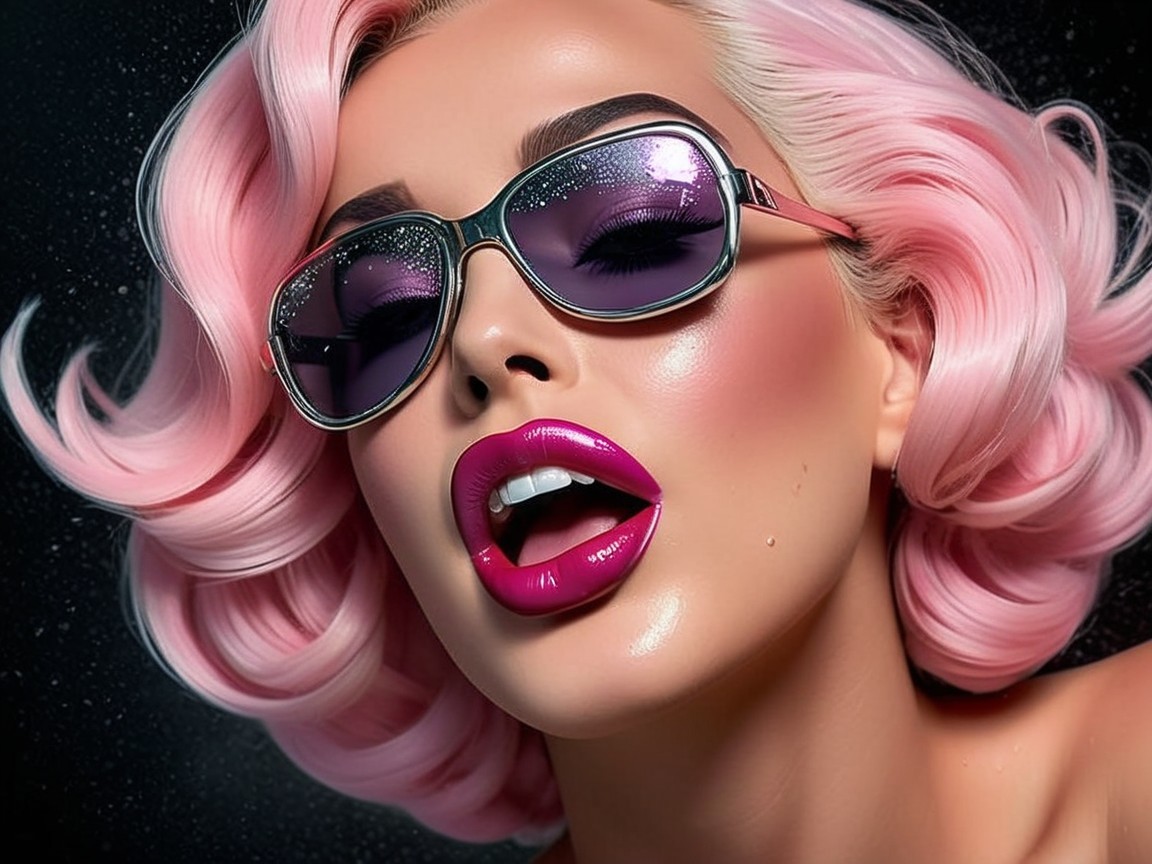 Glamorous Figure with Pink Hair and Oversized Sunglasses